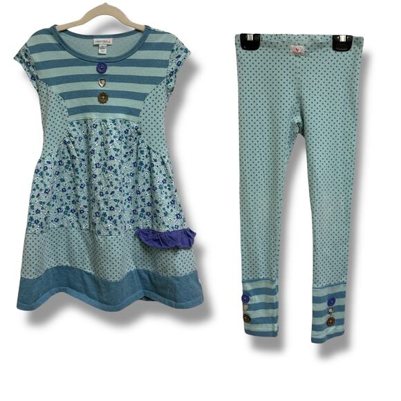naartjie Girls Outfit Blue Floral Polka Dot Dress Leggings Size 7 Buttons - Picture 1 of 11